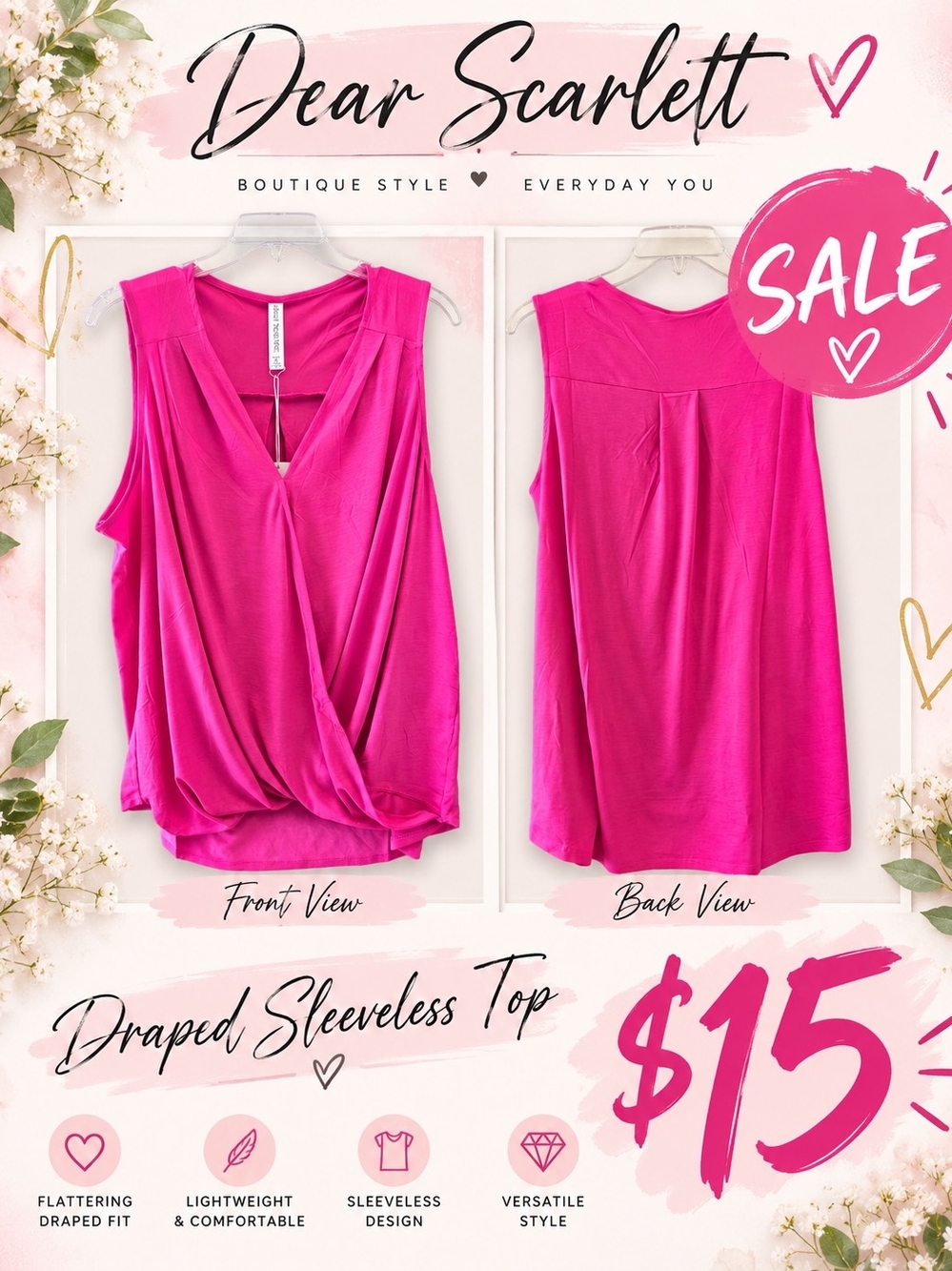 Dear Scarlett Draped Sleeveless Top - Bright Pink